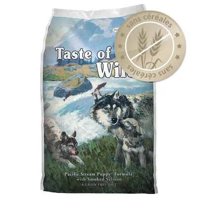 Sac Taste of the Wild Pacific Stream Puppy Formula with Smoked Salmon, texte visible : sans céréales, A GRAIN-FREE DIET.