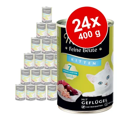 Miamor Feine Beute Kitten, 24 x 400 g dåser. Synlig tekst: 7 Sieben Sorten Fleisch & Innereien, mit Geflügel, getreidefrei. Billede af hvid killing på emballagen.