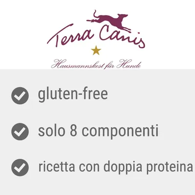 Terra Canis. gluten-free, solo 8 componenti, ricetta con doppia proteina. Testo in parte in inglese e tedesco: Hausmannskost für Hunde.