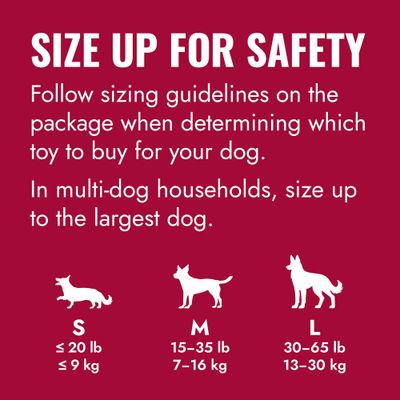Storleksrekommendation för hundleksaker: S upp till 9 kg, M 7–16 kg, L 13–30 kg. I hushåll med flera hundar, välj storlek efter den största hunden.