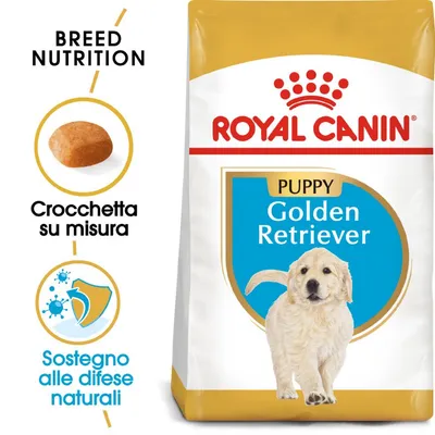 Sacchetto Royal Canin Puppy Golden Retriever, testo visibile: Crocchetta su misura, Sostegno alle difese naturali, BREED NUTRITION.