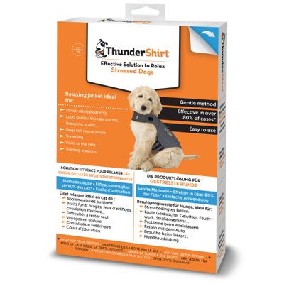 Thundershirt packaging showing a dog wearing the jacket. Text highlights it as a gentle, easy-to-use solution for stress-related barking, loud noises, travel, and vet visits.