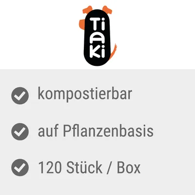 Tiaki, kompostierbar, auf Pflanzenbasis, 120 Stück / Box. Tekst på tysk.
