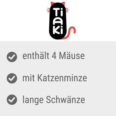 Tiaki. Enthält 4 Mäuse, mit Katzenminze, lange Schwänze.