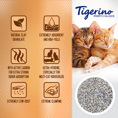 Tigerino Performance kattenbakvulling. Zichtbare claims in het Engels: natural clay granulate, extremely absorbent and high-yield, with active carbon for extra strong odour absorption, ultra-hygienic especially for multi-cat households, extremely low-dust, extreme clumping.