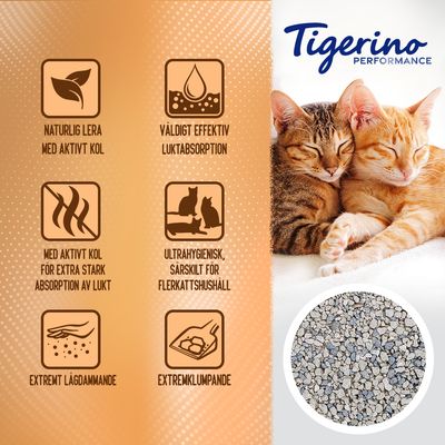 Tigerino Performance. Naturlig lera med aktivt kol, väldigt effektiv luktabsorption, ultrahygienisk för flerkattshushåll, extremt lågdammande, extremklumpande. Bild på kattsand och två katter.