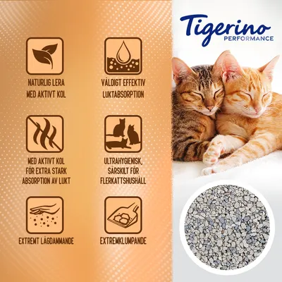 Tigerino Performance. Naturlig lera med aktivt kol, väldigt effektiv luktabsorption, ultrahygienisk för flerkattshushåll, extremt lågdammande, extremklumpande. Bild på kattsand och två katter.