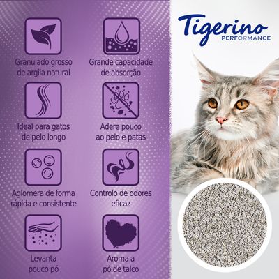 Tigerino Performance. Granulado grosso de argila natural, grande capacidade de absorção, ideal para gatos de pelo longo, adere pouco ao pelo e patas, aglomera rápido, controlo de odores eficaz, levanta pouco pó, aroma a pó de talco.