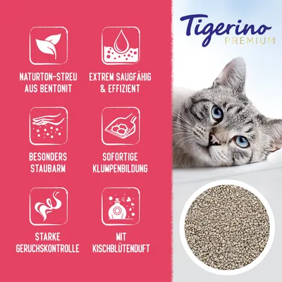 Tigerino Premium Katzenstreu aus Bentonit. Eigenschaften: extrem saugfähig, staubarm, sofortige Klumpenbildung, starke Geruchskontrolle, Kirschblütenduft.