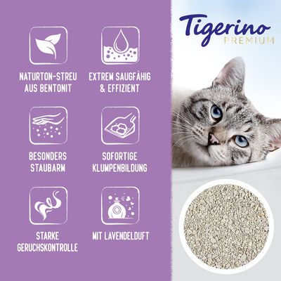 Tigerino Premium. Natürton-Streu aus Bentonit, extrem saugfähig und effizient, besonders staubarm, sofortige Klumpenbildung, starke Geruchskontrolle, mit Lavendelduft.