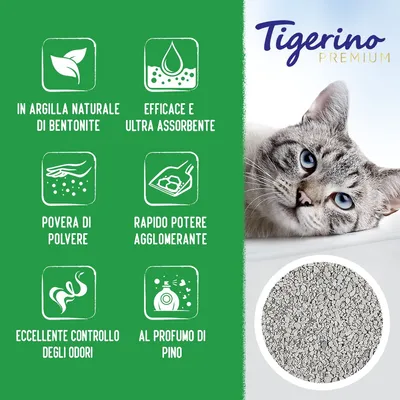 Tigerino Premium. In argilla naturale di bentonite, efficace e ultra assorbente, povera di polvere, rapido potere agglomerante, eccellente controllo degli odori, al profumo di pino.