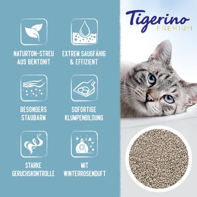 Tigerino Premium Katzenstreu aus Bentonit. Eigenschaften: extrem saugfähig, staubarm, sofortige Klumpenbildung, starke Geruchskontrolle, Winterrosenduft.