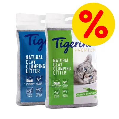 Två påsar Tigerino Natural Clay Clumping Litter, en blå och en grön med kattbild. Text: ultra absorbent & efficient, fast odour control, immediate clumping, extremely low-dust. Procenttecken.
