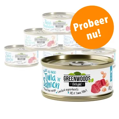 Greenwoods Delight kattenvoer blikjes, variant Tuna nr Salmon, 70% tonijnfilet, limited ingredients. Oranje cirkel met tekst: Probeer nu!