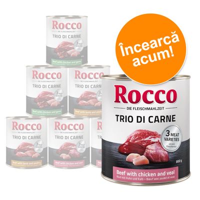 Conservă Rocco Trio di Carne, 800 g, Beef with chicken and veal. Text portocaliu: Încearcă acum! Pe fundal, alte conserve Rocco Trio di Carne cu diferite sortimente vizibile.