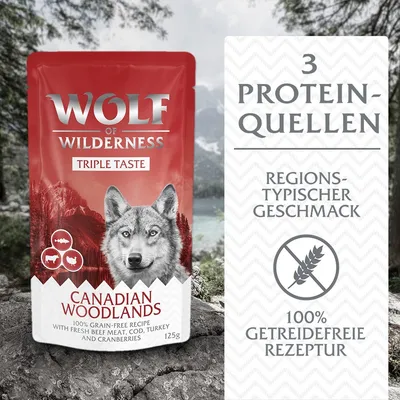 Wolf of Wilderness Canadian Woodlands, Triple Taste, 100% getreidefreie Rezeptur mit frischem Rindfleisch, Kabeljau, Truthahn und Cranberries. Regions-typischer Geschmack, 3 Proteinquellen.