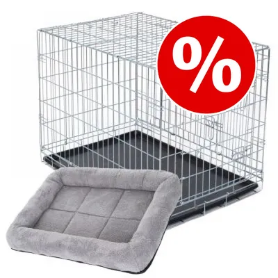 Metallinen koiran häkki, musta pohja ja harmaa pehmuste edessä. Punainen alennusmerkki (%) näkyvissä.