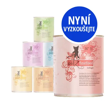 Konzervy catz finefood s různými příchutěmi, viditelné texty: N° 3 Geflügel, N° 5, N° 7, N° 9, N° 11. Modrý kruh s nápisem NYNÍ VYZKOUŠEJTE.