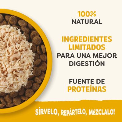 100% natural, ingredientes limitados para una mejor digestión, fuente de proteínas. Sírvelo, repártelo, mézclalo.