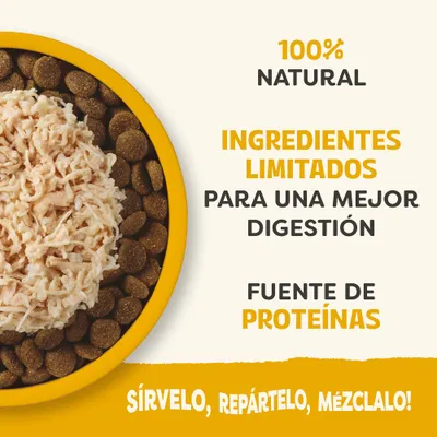 100% natural, ingredientes limitados para una mejor digestión, fuente de proteínas. Sírvelo, repártelo, mézclalo.