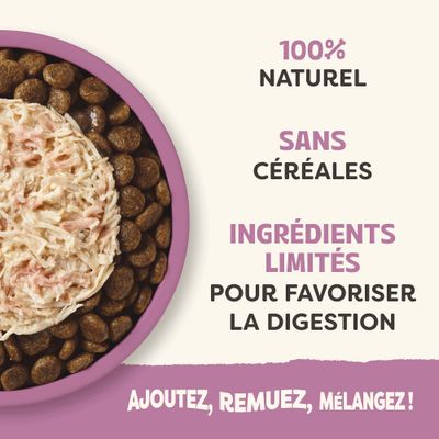 100 % naturel, sans céréales, ingrédients limités pour favoriser la digestion. Aliment dans la gamelle. Ajouter, remuer, mélanger.