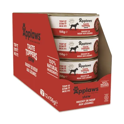 Applaws Taste Toppers stew Ragout z wołowiny z warzywami, 12x156 g, 100% naturalnych składników, POLEJ, WYMIESZAJ, ŁĄCZ!, certyfikat B Corp. Applaws Taste Toppers stew Ragout z wołowiny z warzywami, 12x156 g, 100% naturalnych składników, POLEJ, WYMIESZAJ, ŁĄCZ!, certyfikat B Corp.