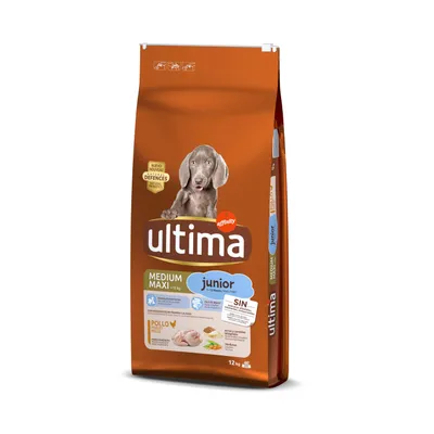 Ultima Medium Maxi Junior ração para cães com frango, 12kg. Para cães até 10 meses. Sem adição de açúcar, apoia defesas naturais.