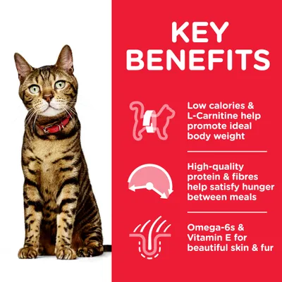 KEY BENEFITS. Low calories & L-Carnitine help promote ideal body weight. High-quality protein & fibres help satisfy hunger between meals. Omega-6s & Vitamin E for beautiful skin & fur.