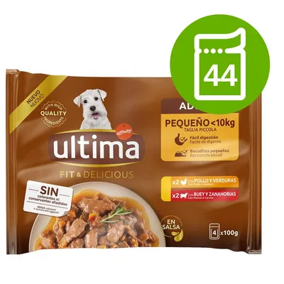 Karma mokra Ultima Fit & Delicious dla psów małych ras <10 kg, 4 x 100 g, 2 saszetki z kurczakiem i warzywami, 2 z wołowiną i marchewką. Bez barwników i konserwantów. Opakowanie: 44 szt.