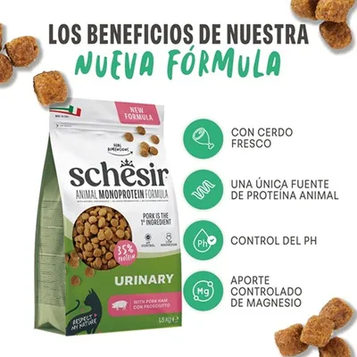 Schesir Animal Monoprotein Formula Urinary con cerdo fresco, única fuente de proteína animal, control del pH, contenido de magnesio controlado.