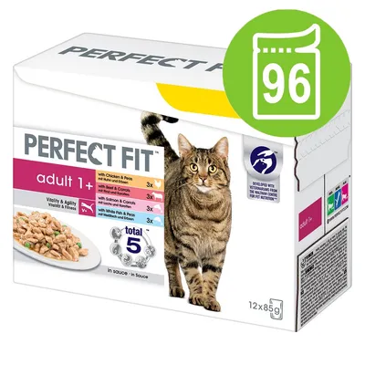 Confezione Perfect Fit adult 1+ per gatti, 12x85g, vari gusti: pollo e piselli, manzo e carote, salmone e carote, pesce bianco e piselli. Simbolo verde con 96 bustine. Confezione Perfect Fit adult 1+ per gatti, 12x85g, vari gusti: pollo e piselli, manzo e carote, salmone e carote, pesce bianco e piselli. Simbolo verde con 96 bustine.