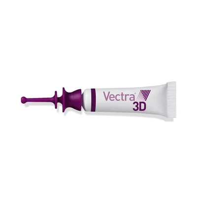 Pipet met opdruk 'Vectra 3D' in paarse letters, witte tube met paarse dop. Merknaam en productnaam duidelijk zichtbaar.