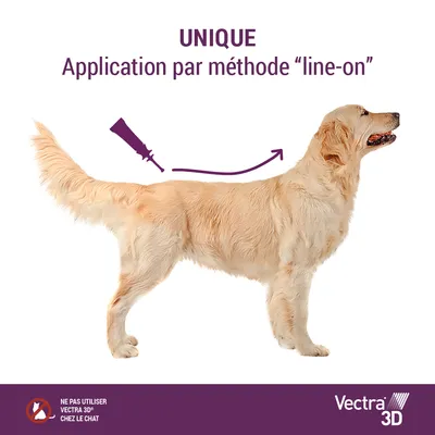 Vectra 3D application par méthode line-on sur chien, texte : UNIQUE Application par méthode 'line-on', Ne pas utiliser Vectra 3D chez le chat.