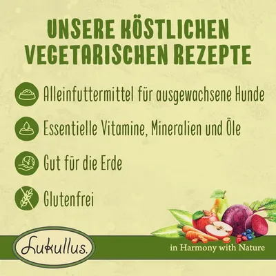 Texte en allemand : Unsere köstlichen vegetarischen Rezepte. Alleinfuttermittel für ausgewachsene Hunde, essentielle Vitamine, Mineralien und Öle, gut für die Erde, glutenfrei. Lukullus.