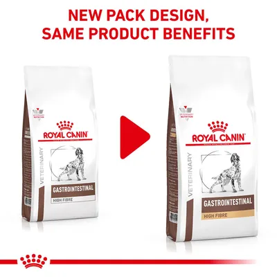 Royal Canin Gastrointestinal High Fibre hrana za pse, prikaz stare i nove ambalaže s natpisom na engleskom: New pack design, same product benefits.