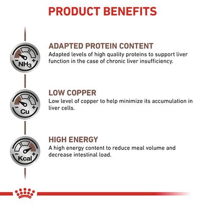 Product benefits: adapted protein content for liver support, low copper to minimise accumulation in liver cells, and high energy to reduce meal volume and intestinal load.