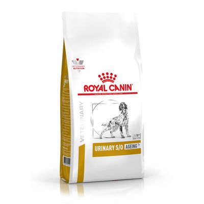 Bag labelled Royal Canin Urinary S/O Ageing 7+, Veterinary Nutrition, with illustration of a dog and text indicating it is for urinary support in ageing pets.