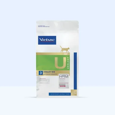Virbac CAT Urology Urinary WIB 3, Vízbevitel & Viselkedés, Veterinary HPM, minden macskaméret számára. Csomagolás látható termékinformációkkal.