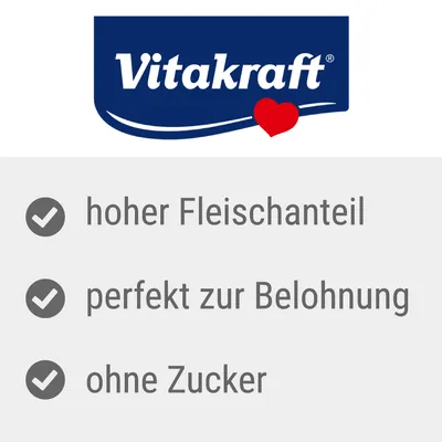 Vitakraft. hoher Fleischanteil, perfekt zur Belohnung, ohne Zucker (texte en allemand).