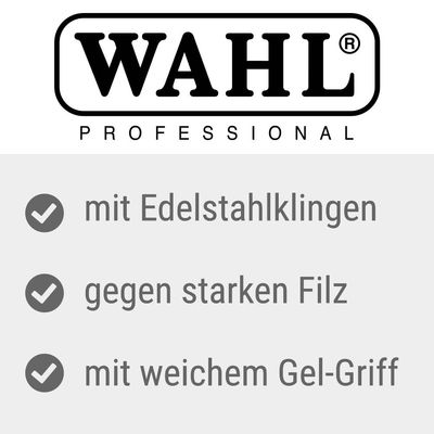WAHL Professional. Mit Edelstahlklingen, gegen starken Filz, mit weichem Gel-Griff.