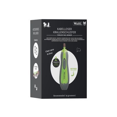 WAHL draadloze nagelslijper verpakking, groene slijper zichtbaar, tekst: 'Coat care is love', '2 powerful speed settings', 'batterij technologie', aanbevolen door trimmers.