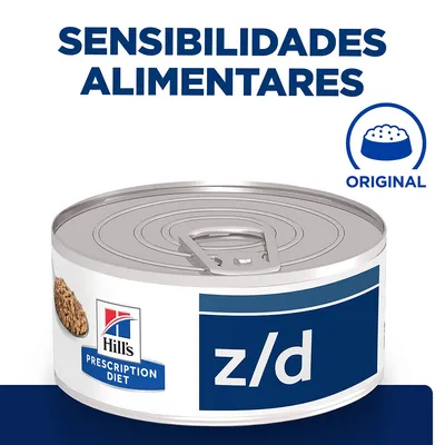 Hill's Prescription Diet z/d, lata com rótulo azul e branco. Texto visível: 'Sensibilidades alimentares', símbolo de taça de comida com a palavra 'Original'. Hill's Prescription Diet z/d, lata com rótulo azul e branco. Texto visível: 'Sensibilidades alimentares', símbolo de taça de comida com a palavra 'Original'.