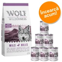 Wolf of Wilderness Adult /Junior 12 kg hrană uscată + 6 x 400 g / 6 x 800 g hrană umedă - Adult Green Fields - miel (12 kg + 6 x 400 g)