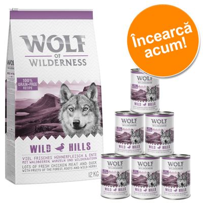 Wolf of Wilderness Adult /Junior 12 kg hrană uscată + 6 x 400 g / 6 x 800 g hrană umedă Adult Green Fields - miel (12 kg + 6 x 400 g)