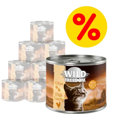 Wild Freedom Kitten Wide Country dåsefoder, 100 % grain-free recipe, billede af killing på etiketten. Gul cirkel med rød procenttegn viser tilbud. Wild Freedom Kitten Wide Country dåsefoder, 100 % grain-free recipe, billede af killing på etiketten. Gul cirkel med rød procenttegn viser tilbud.