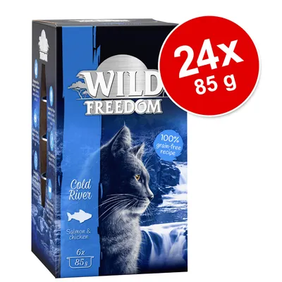 Wild Freedom Cold River kattmat, 24 x 85 g. Text: 100% grain-free recipe, Salmon & chicken, 6x85g.