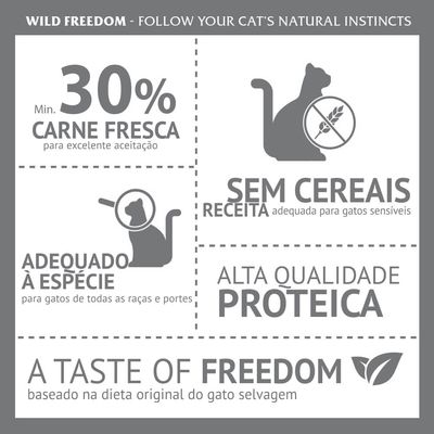 Wild Freedom. 30% min. carne fresca, sem cereais, adequado à espécie para gatos de todas as raças e portes, alta qualidade proteica, baseado na dieta original do gato selvagem.