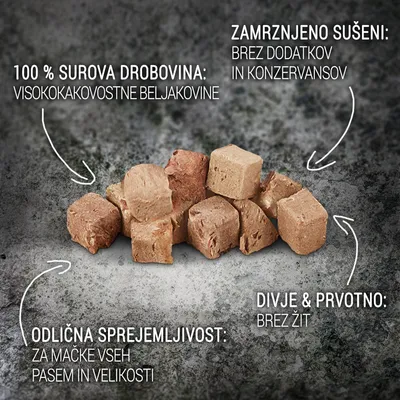 Kocke surove drobovine z besedilom: 100 % surova drobovina, visokokakovostne beljakovine; zamrznjeno sušeni, brez dodatkov in konzervansov; odlična sprejemljivost za mačke vseh pasem; brez žit.