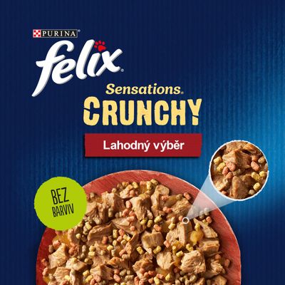 Purina felix Sensations CRUNCHY Lahodný výběr, BEZ BARVIV, miska s kousky krmiva pro kočky zobrazená detailně.