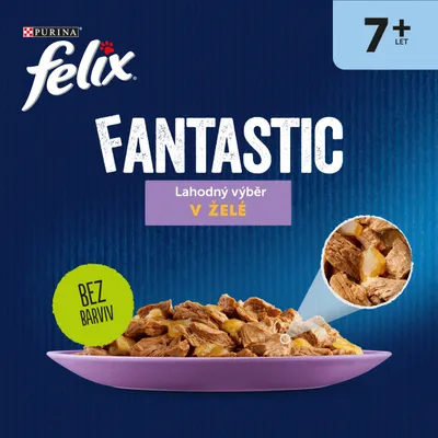 Purina felix FANTASTIC, Lahodný výběr v želé, 7+ let, BEZ BARVIV. Miska s kousky krmiva v želé zblízka.